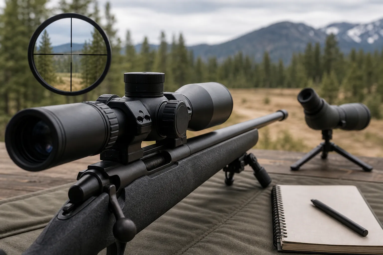 A close up of a rifle scope on a resting rifle with shooting gear nearby.