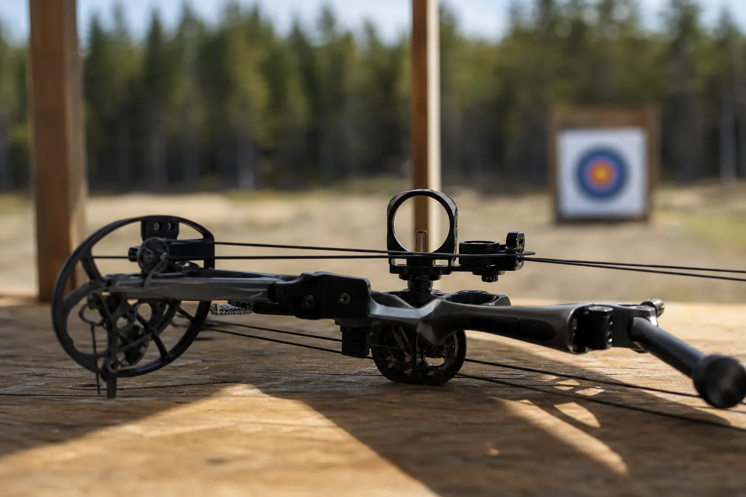 A compound bow resting on a shooting bench with the peep sight visible in the bowstring.