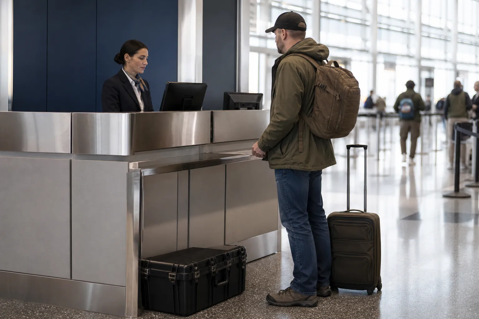 A traveler stands at an airport counter beside a locked hard sided firearm case and luggage, ready to check the firearm safely.