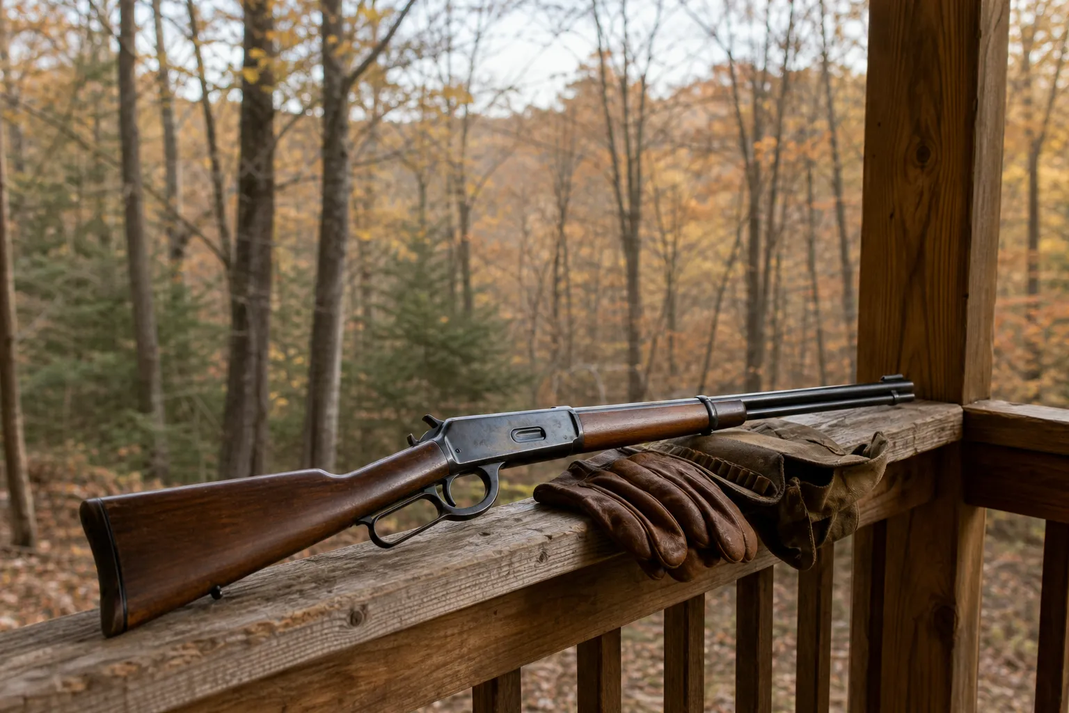 A lever action hunting rifle rests safely on a porch rail beside hunting gear with an autumn forest in the background.