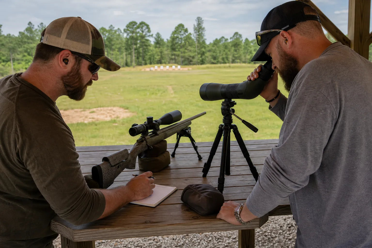 Two adults at a range discussing a rifle setup beside a resting rifle and spotting gear.
