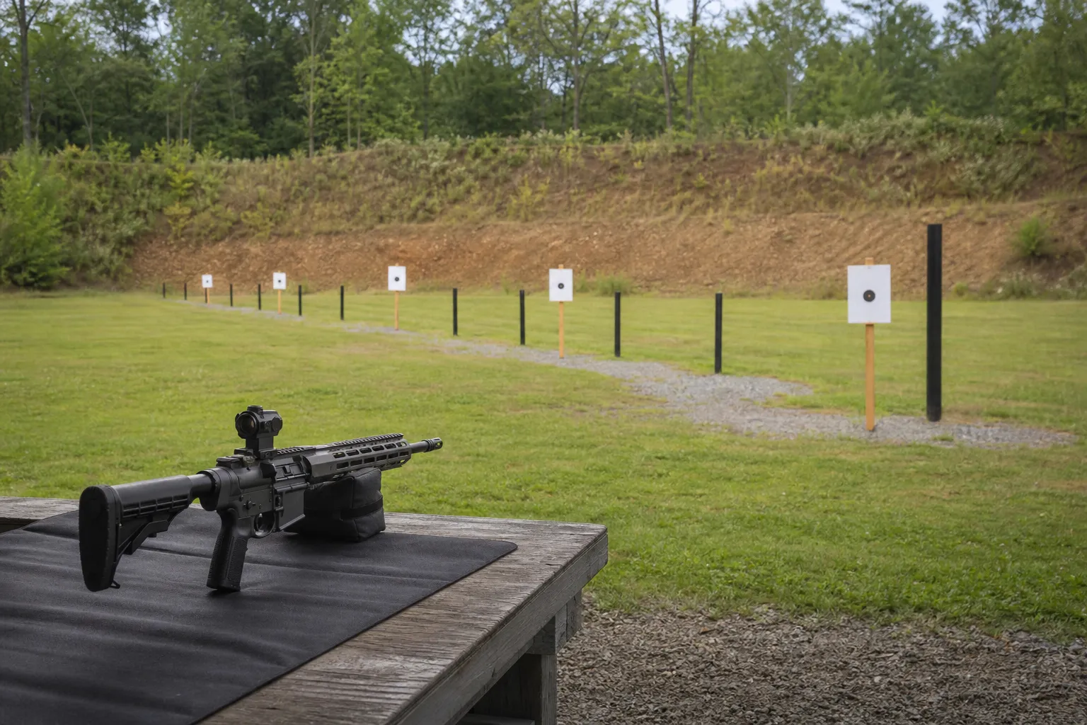 A rifle rests on a bench at an outdoor range with paper targets set at different distances downrange.