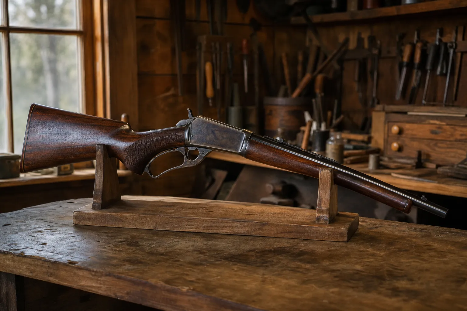 A lever action rifle rests safely on a wooden rack in a rustic workshop, suggesting the heritage of Marlin firearms.