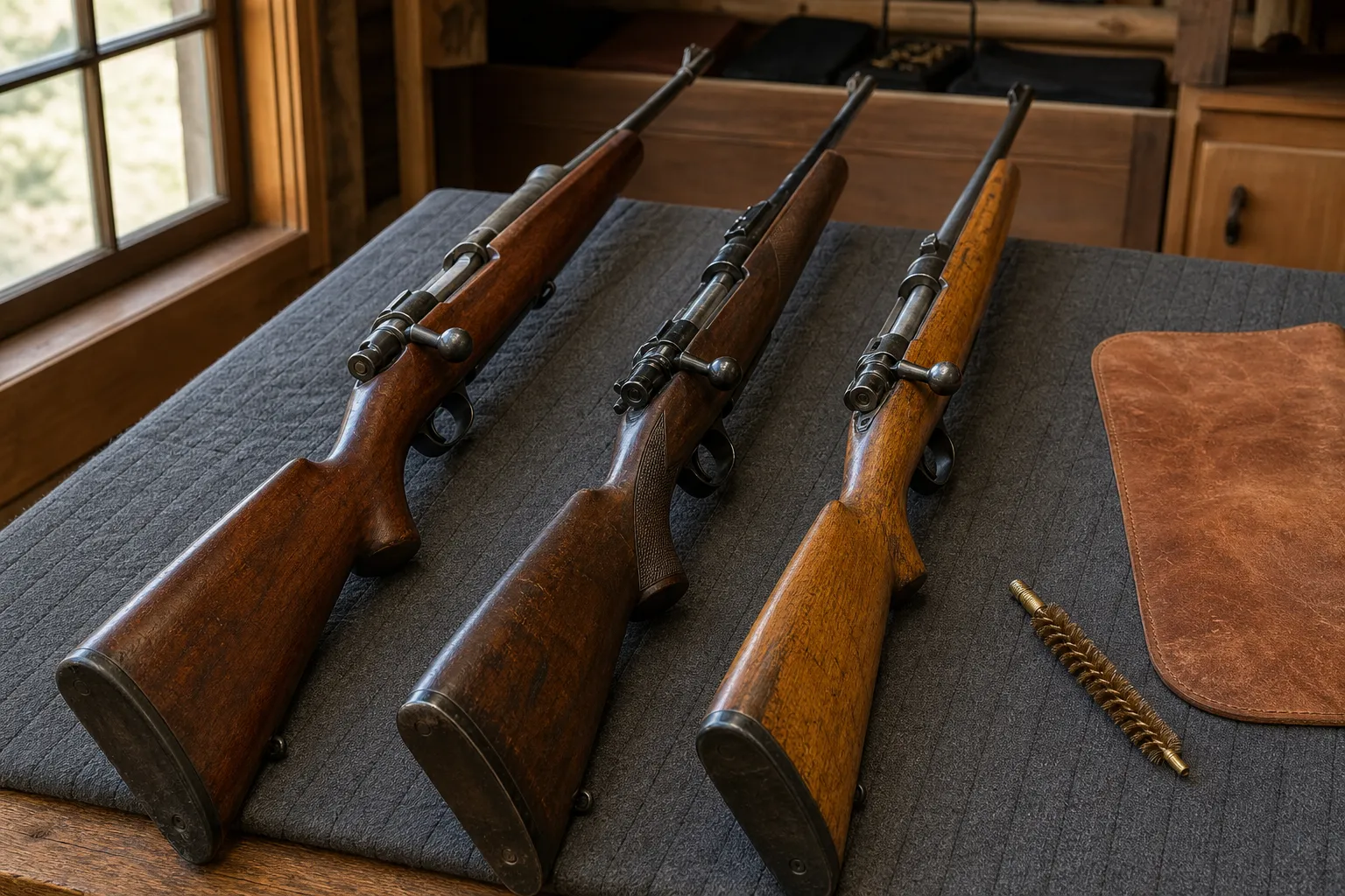 Three sporting bolt action rifles are arranged side by side to compare broad differences in style and finish.