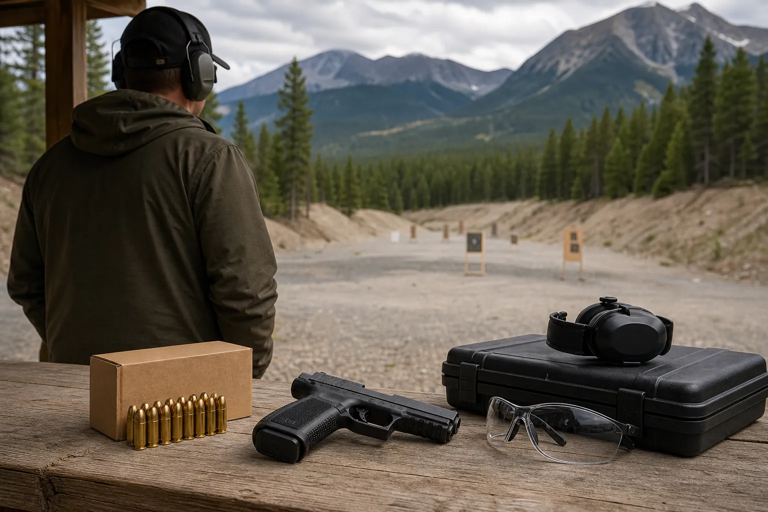An adult shooter at an outdoor range with a handgun, cartridge box, brass rounds, and safety gear on a bench in a mountain setting.