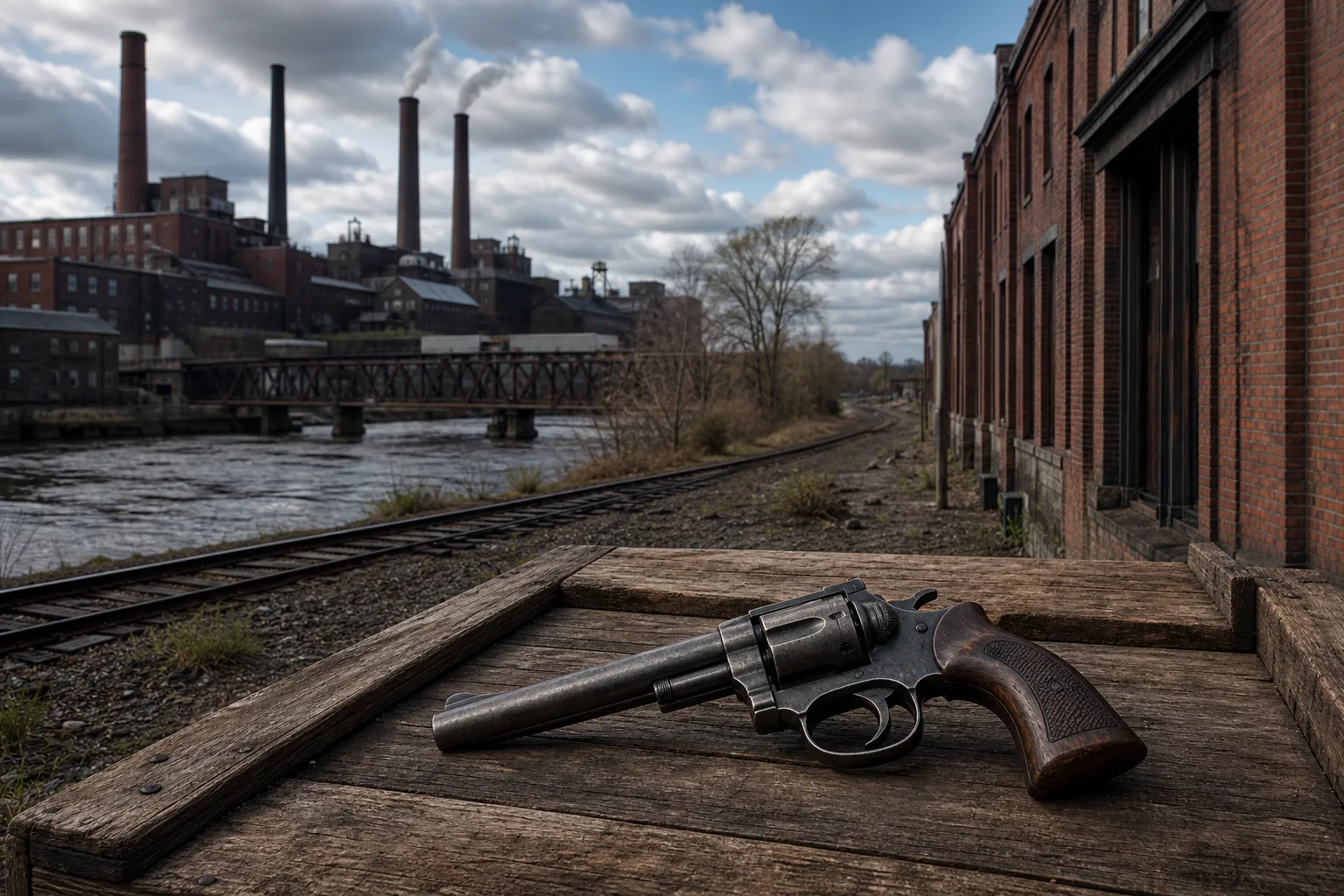 Historic brick factory buildings in Springfield with a generic firearm resting safely in the foreground.