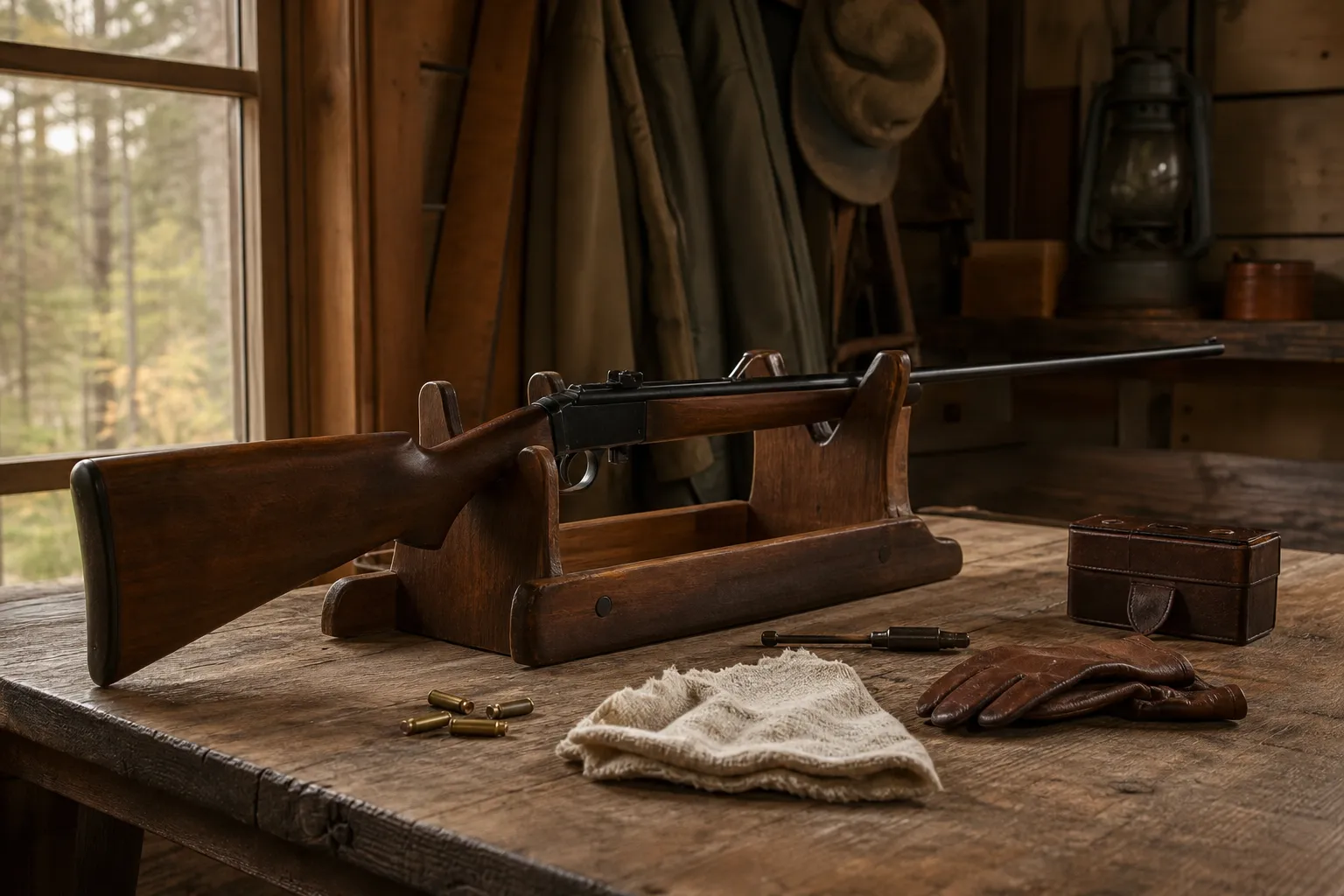 A vintage style rimfire rifle and cartridges rest in a rustic wooden cabin setting.