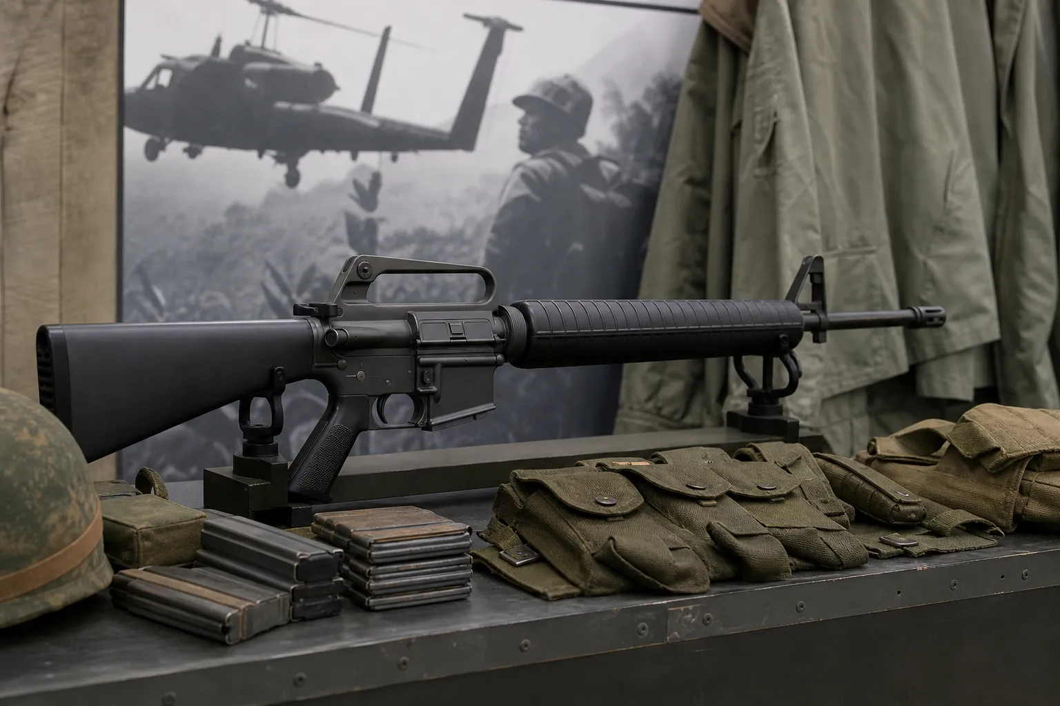 A generic M16 style rifle is displayed with field gear in a museum setting.