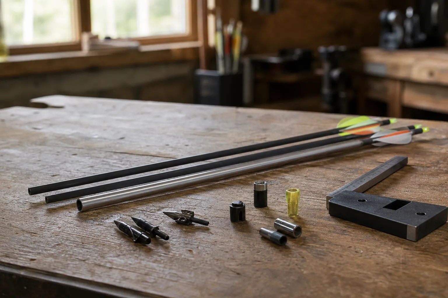 Several arrow shafts and archery tools lie on a workbench to illustrate different shaft stiffness options.