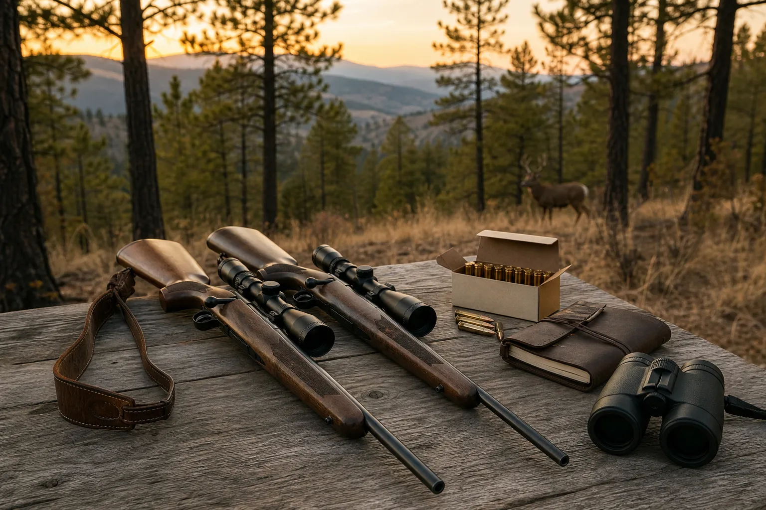 Two generic hunting rifles and accessories arranged safely on a bench in a forest clearing at dawn.