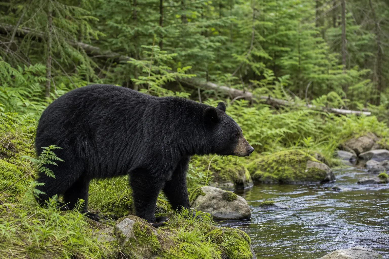 A black bear walks through a forest opening beside a stream in a natural woodland setting.