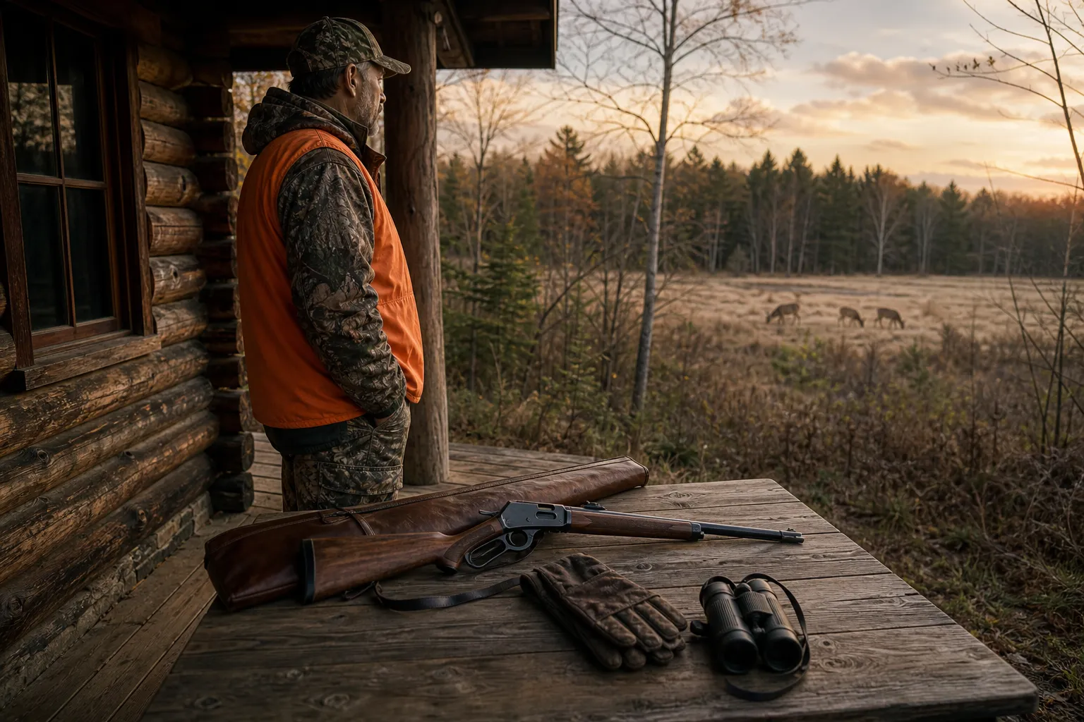 A hunter stands beside a safe, unloaded lever action rifle on a porch table at dawn with deer habitat behind him.