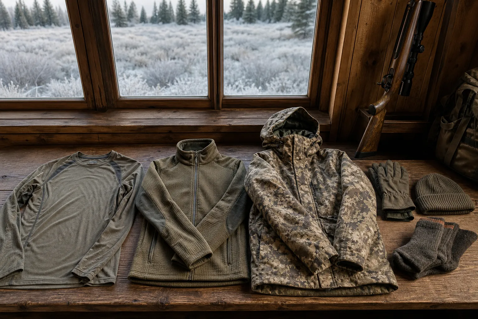Three hunting clothing layers laid out neatly on a cabin bench with gloves and a hat.