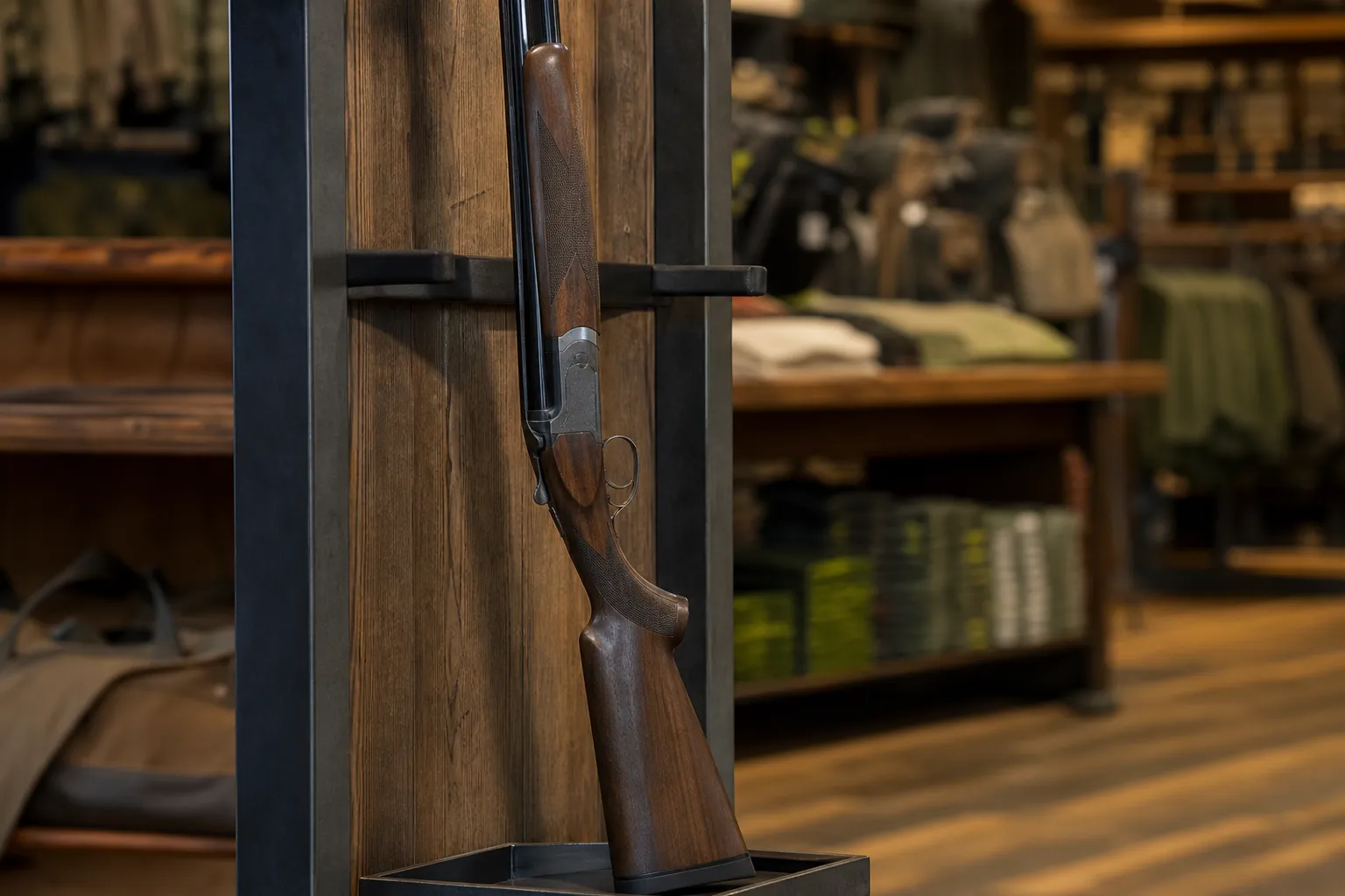 A side view of an over under shotgun shows two barrels stacked one above the other.