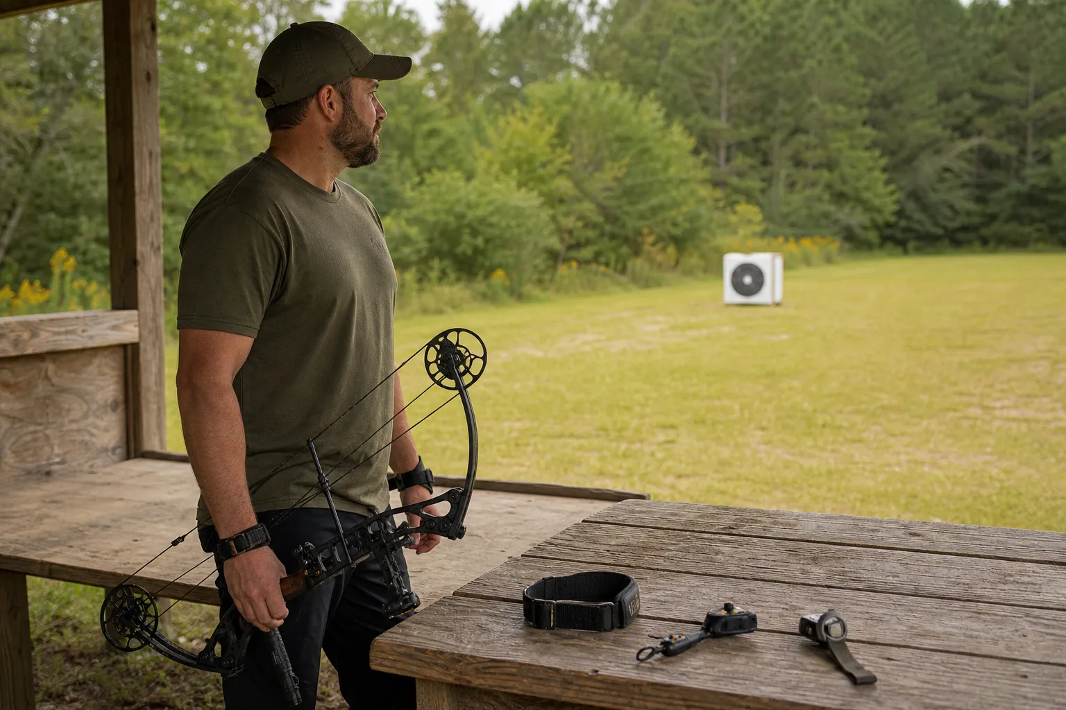 An adult archer stands beside a range bench with a compound bow and several bow releases laid out for comparison.