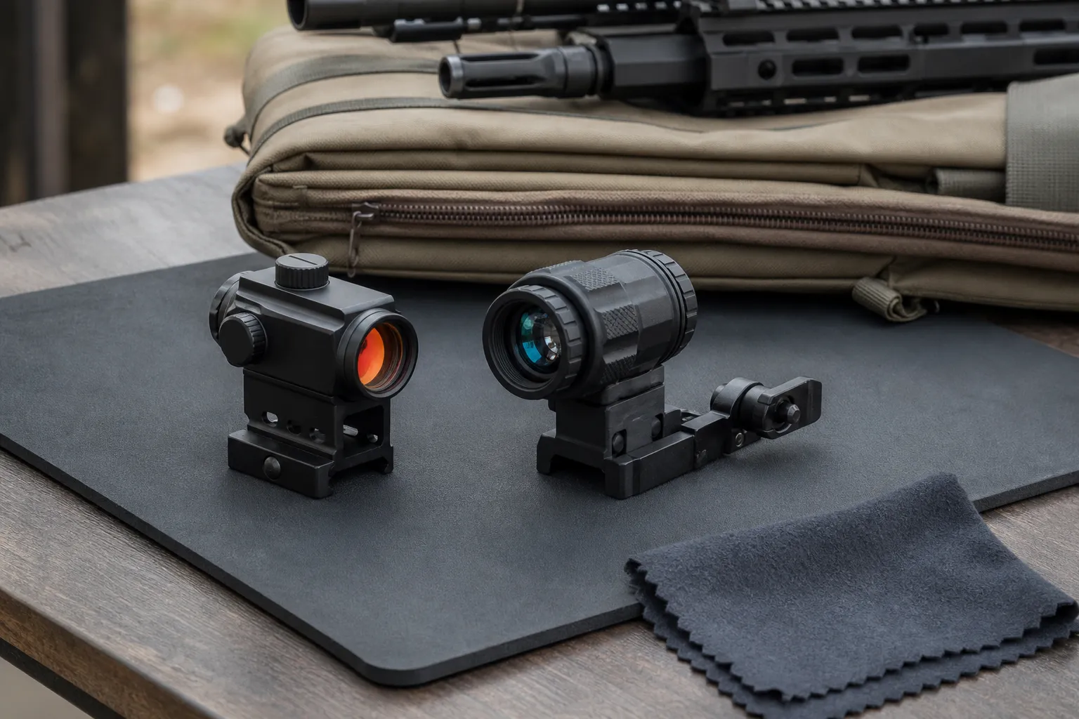 A standalone red dot sight and a separate magnifier sit beside each other on a bench.