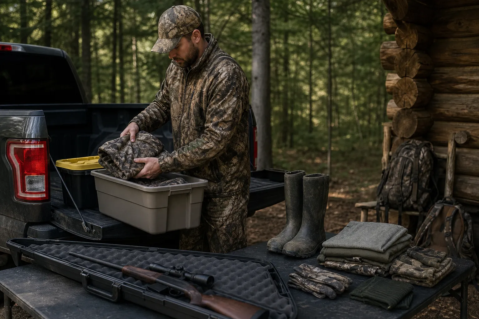 A hunter lays out clean clothing, sealed bins, gloves, and boots beside a closed gun case in a woods camp setup.