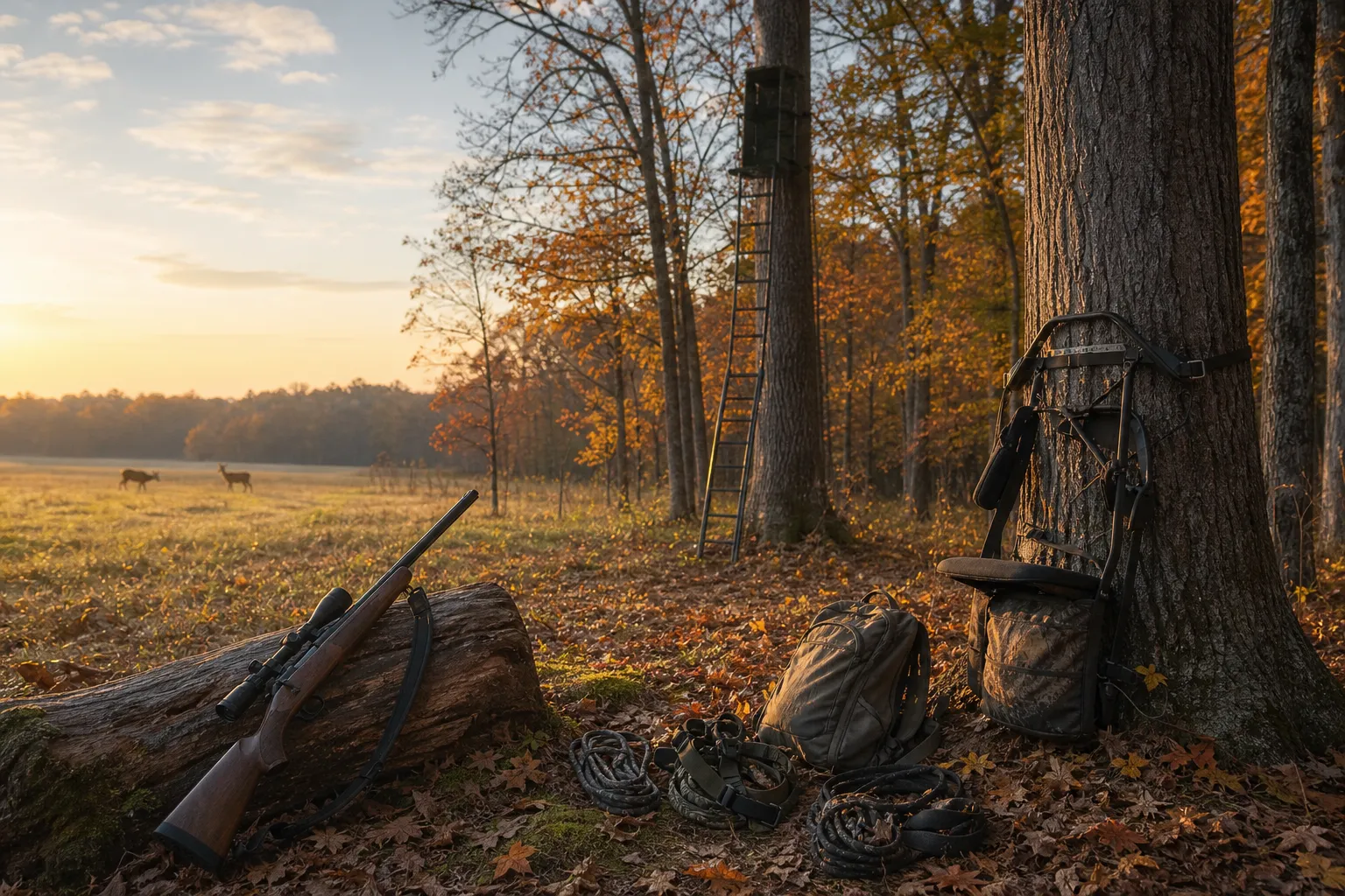 A quiet autumn deer woods scene showing different elevated hunting setups staged around straight trees.