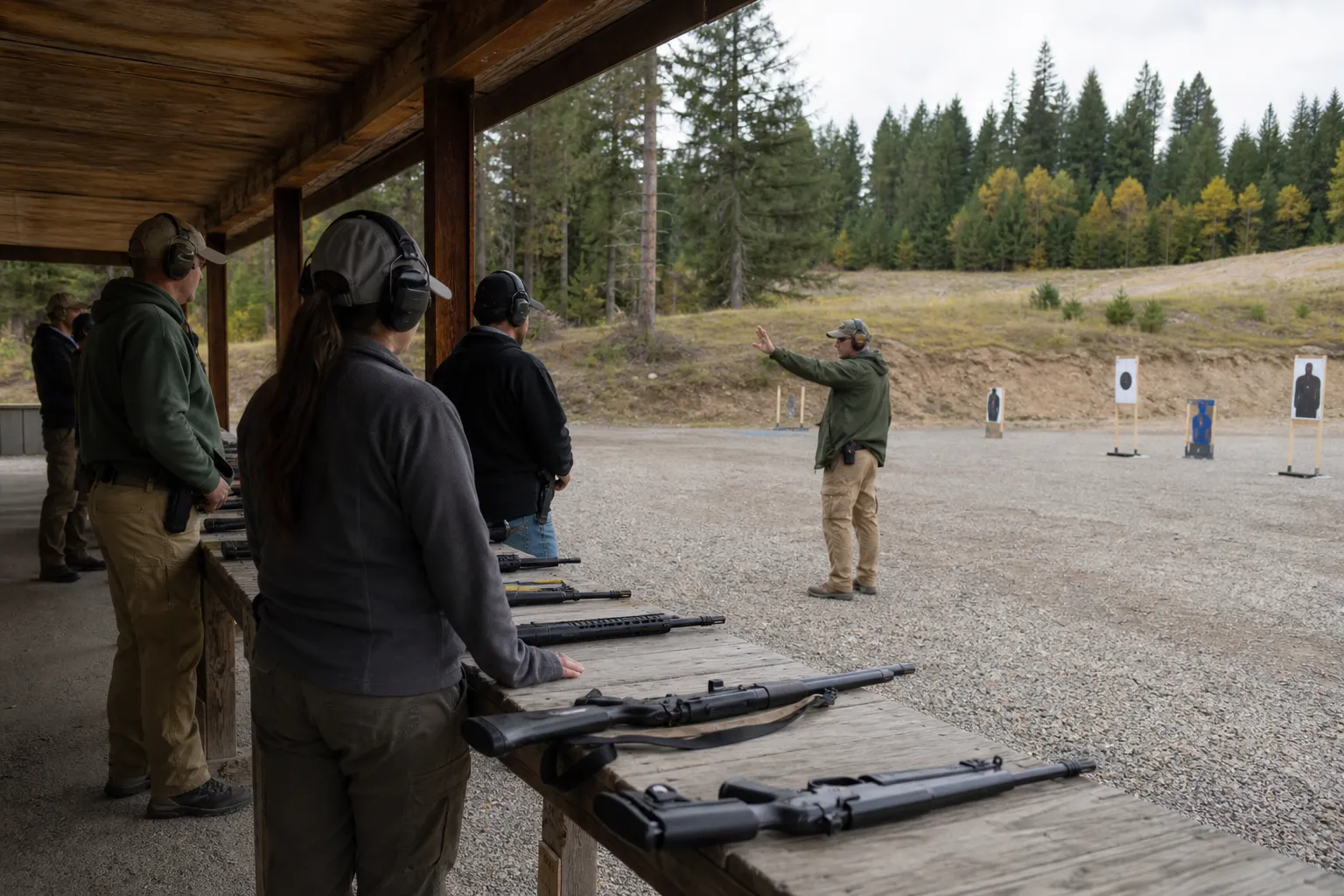 Shooters step back from the firing line while the range officer calls a cease fire.