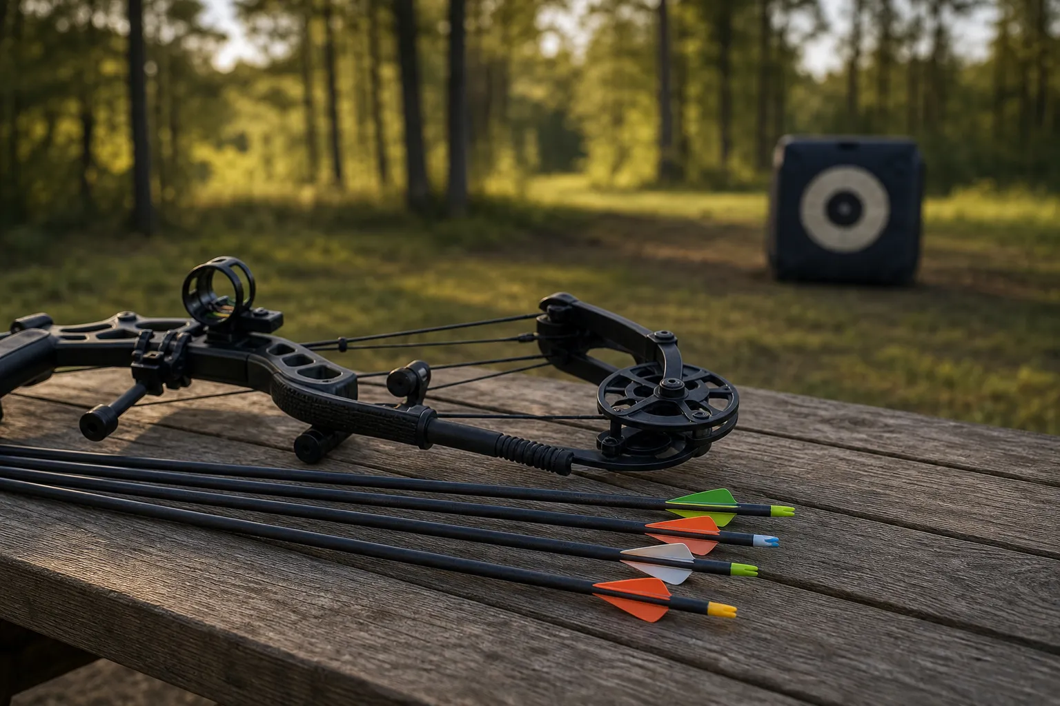 A compound bow and several arrows rest on a bench at an archery range with a target in the background.