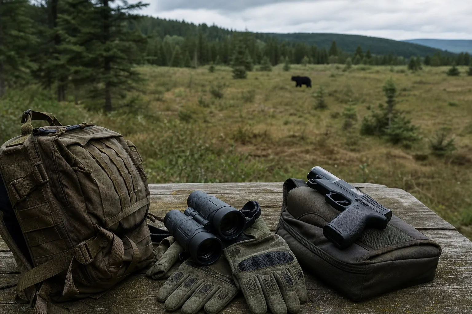 Outdoor gear and a safely carried generic handgun near a forest edge with live wildlife in the distant background.