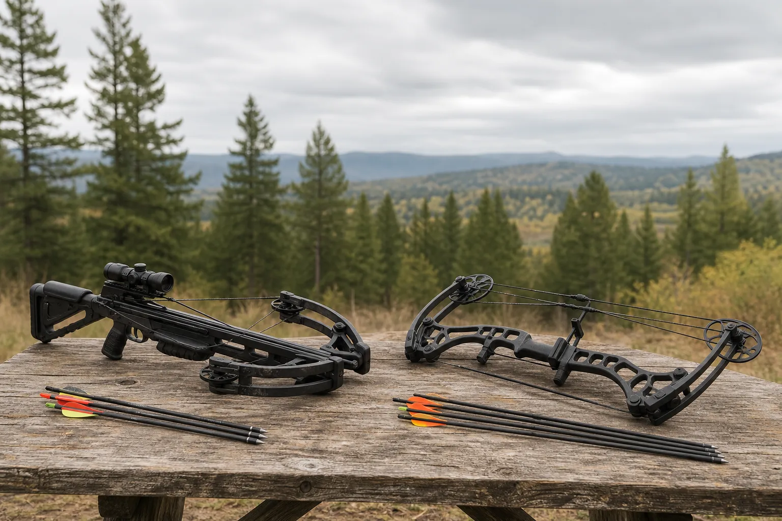 A crossbow and a compound bow are shown side by side on a table for comparison.