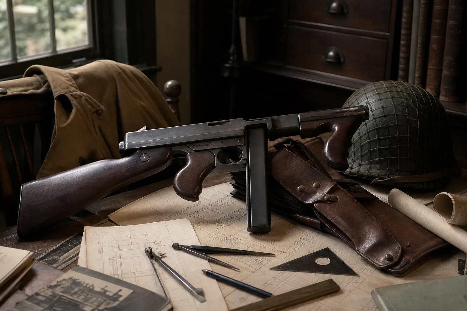 A period style firearm rests on a wooden table beside old papers and military gear in a museum like setting.