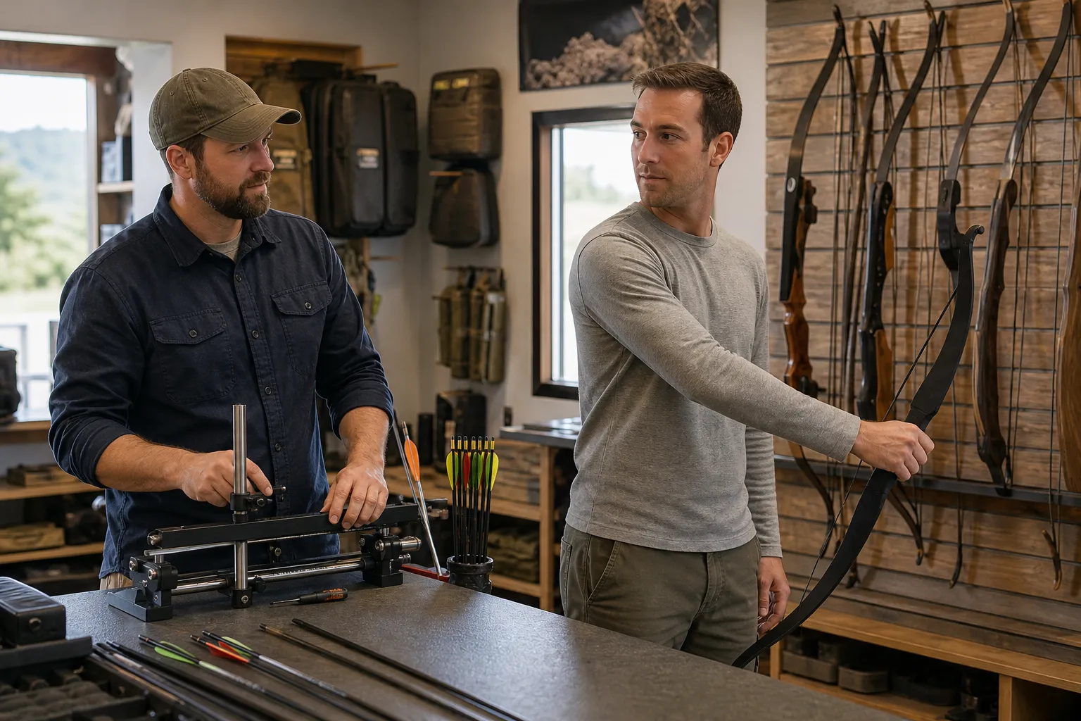 A technician helps an adult archer check draw length in a pro shop.