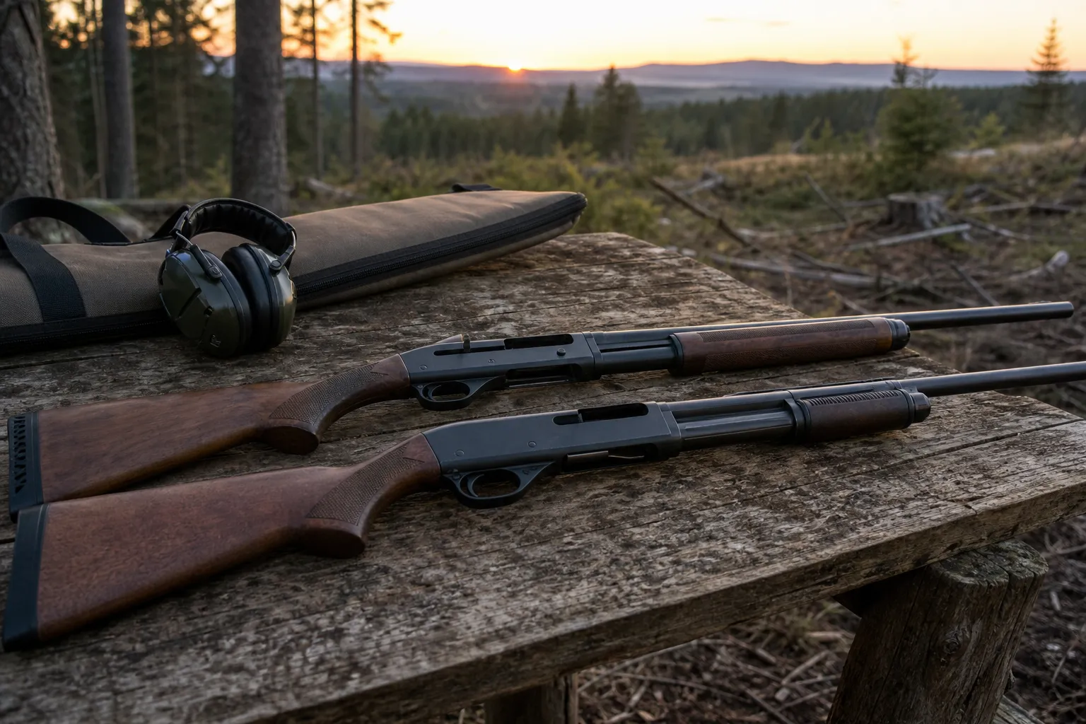 Two unloaded shotguns, one pump action and one semi automatic, rest safely on a table at an outdoor camp in the woods.