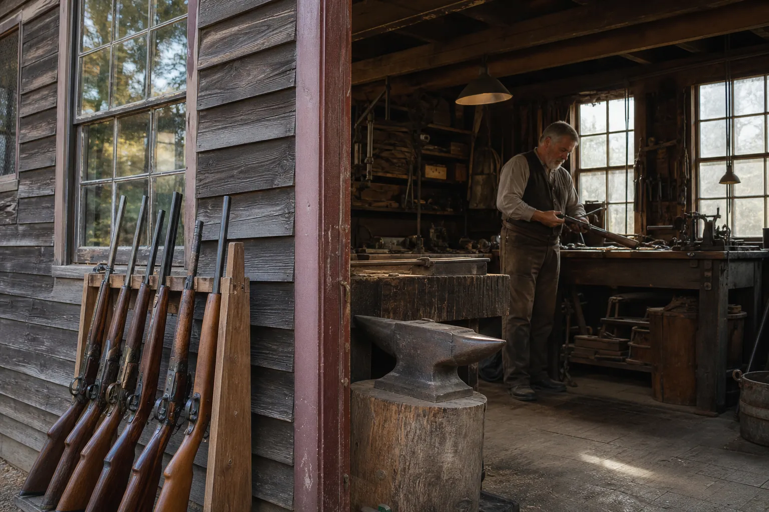 A historic New England gunsmith shop evokes the early New Haven origins of Marlin firearms.