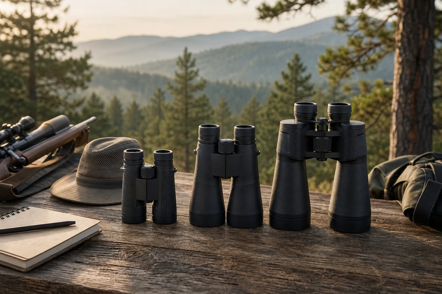 Three pairs of binoculars are arranged on an outdoor table for a simple size and balance comparison.