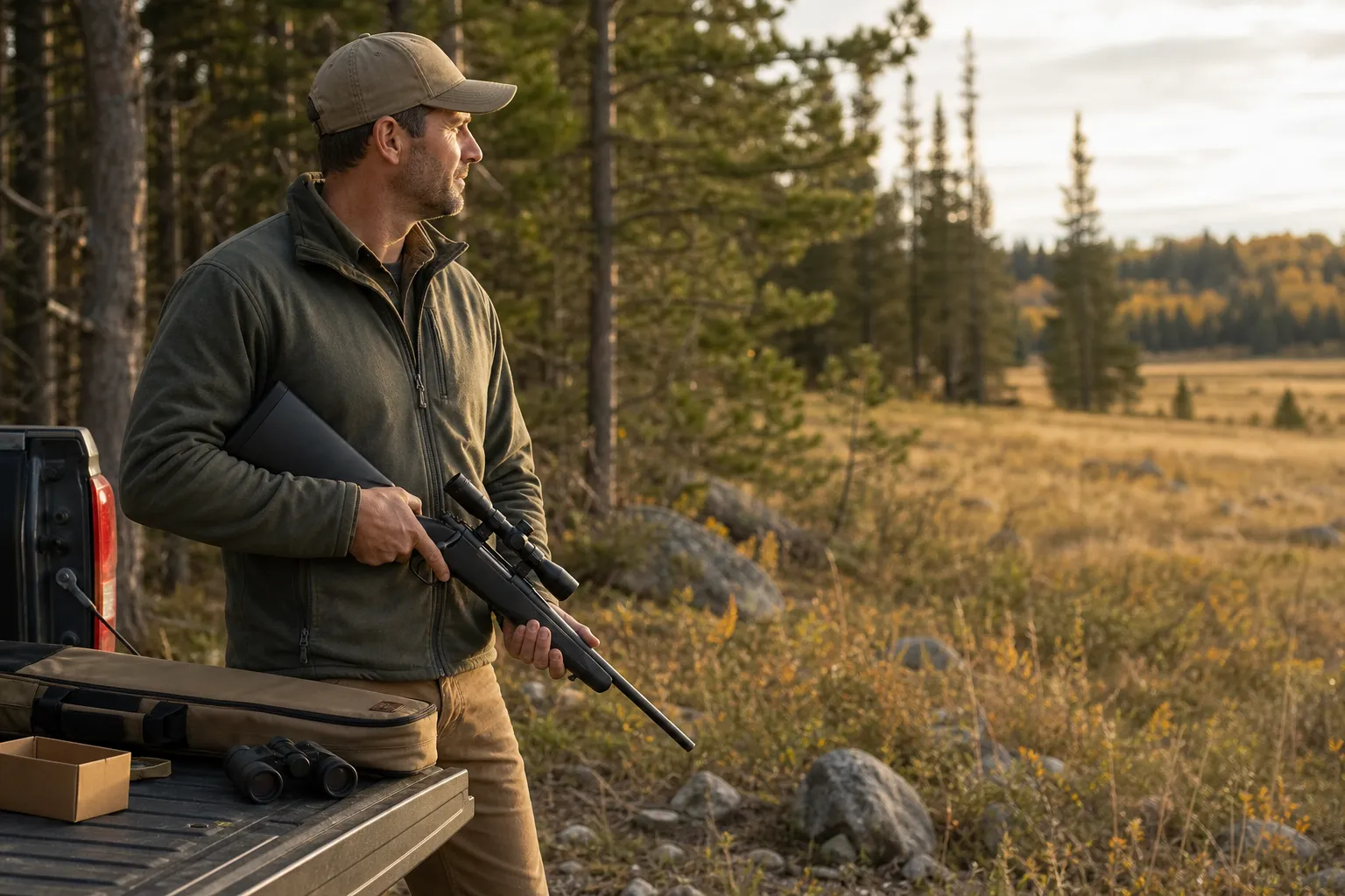 An adult stands with a compact rimfire rifle and simple field gear beside a camp bench at the edge of a forest.