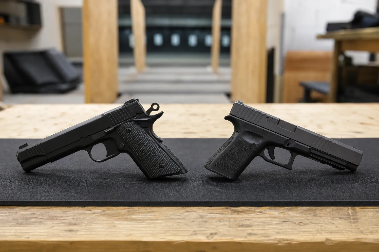 Two unloaded handguns are shown side by side for comparison, one hammer fired and one striker fired.