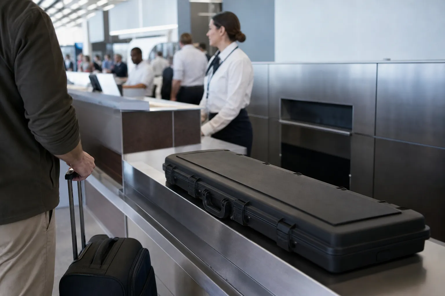 A hard sided firearm case sits with checked luggage at an airport counter in the United States.