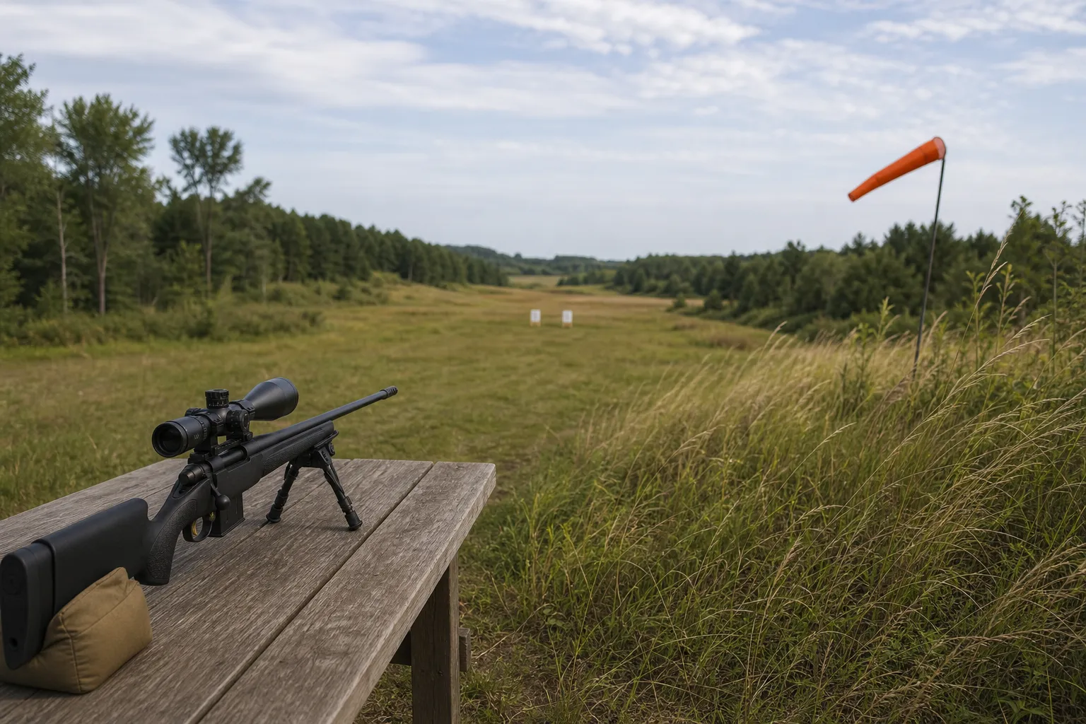 An outdoor range with a rifle on a bench, distant targets, and a wind flag suggesting bullet drop and drift.