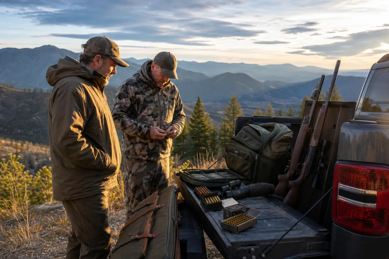 Two hunters examining gear and a cased rifle beside a pickup truck overlooking a mountain landscape.