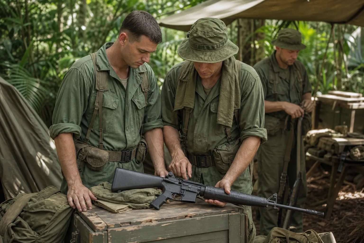 Adult soldiers examine a rifle near field gear in a Southeast Asia style setting.