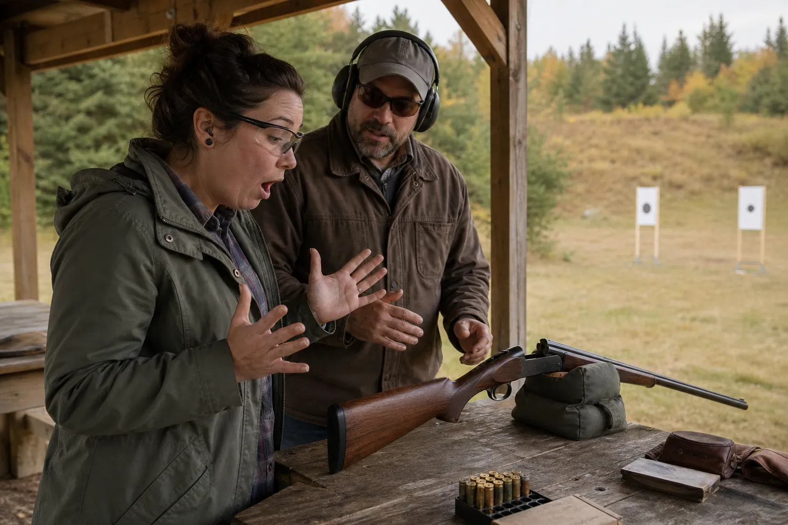 A beginner shooter at a range pauses in surprise after a weak pop instead of a normal shot.