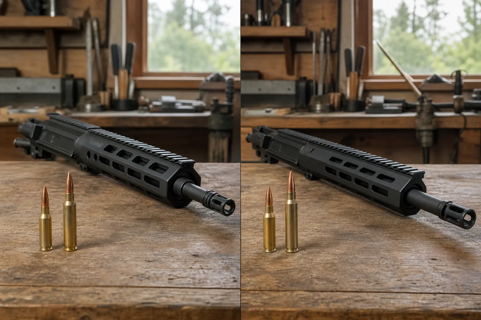 Two sets of generic rifle components and cartridges resting on a workbench to suggest a cartridge comparison.