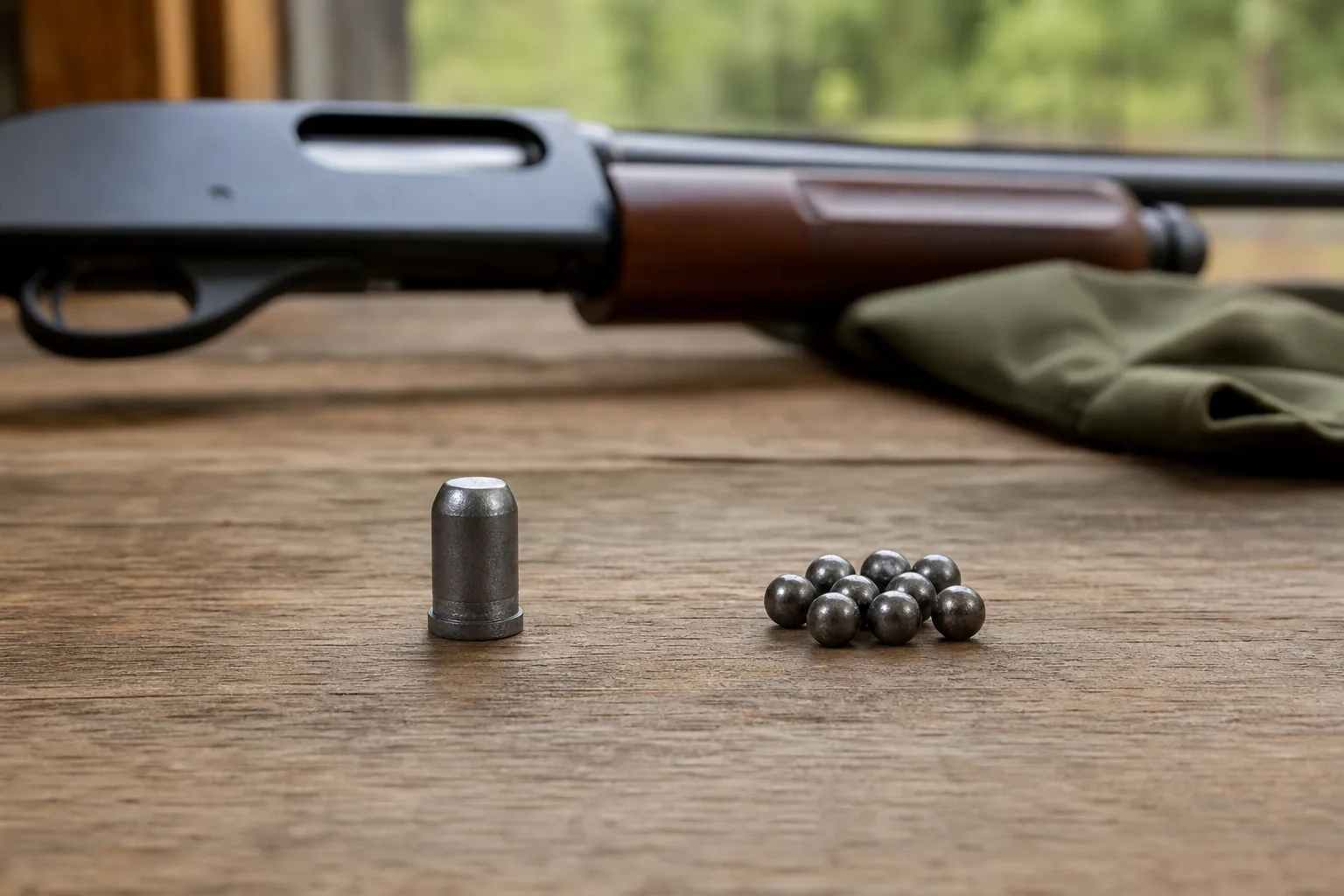 A single shotgun slug shown beside a small cluster of buckshot pellets on a wooden table.