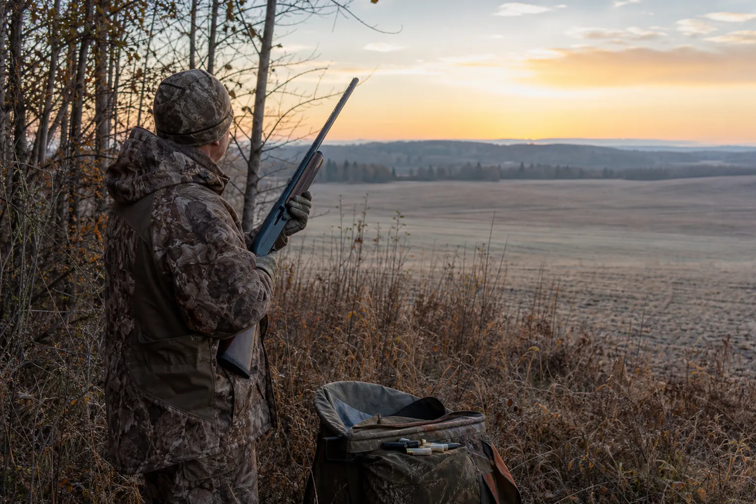 A hunter carries a shotgun safely near woodland edge at dawn while looking toward open hunting country.