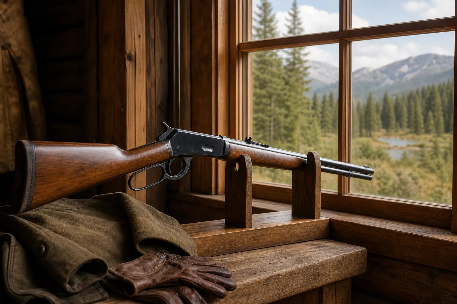 A lever action rifle rests safely on a wooden rack in a rustic cabin with hunting gear nearby.