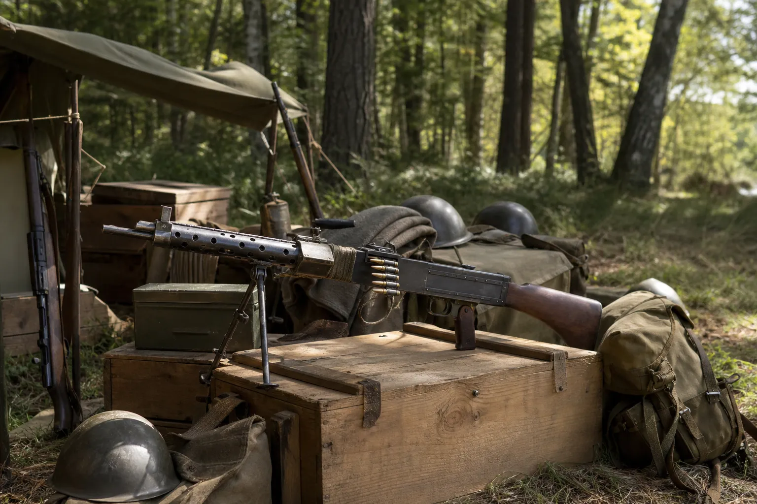 An old style light machine gun and field gear arranged in a historical military display.