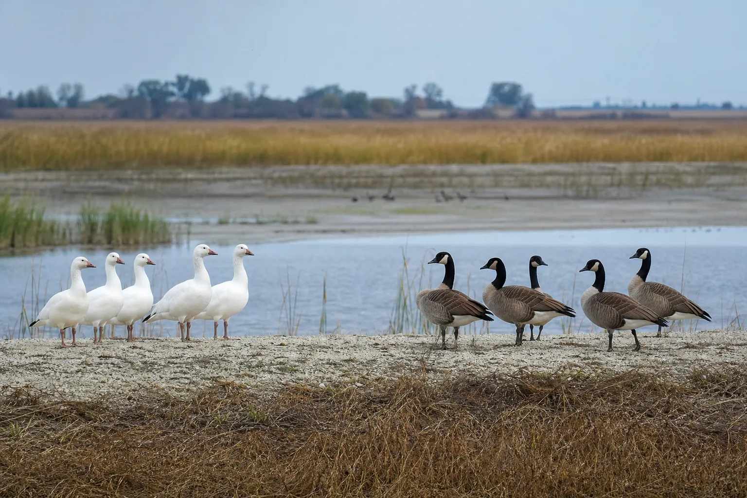 Two groups of geese stand in a marsh, one light colored and one darker, for side by side comparison.