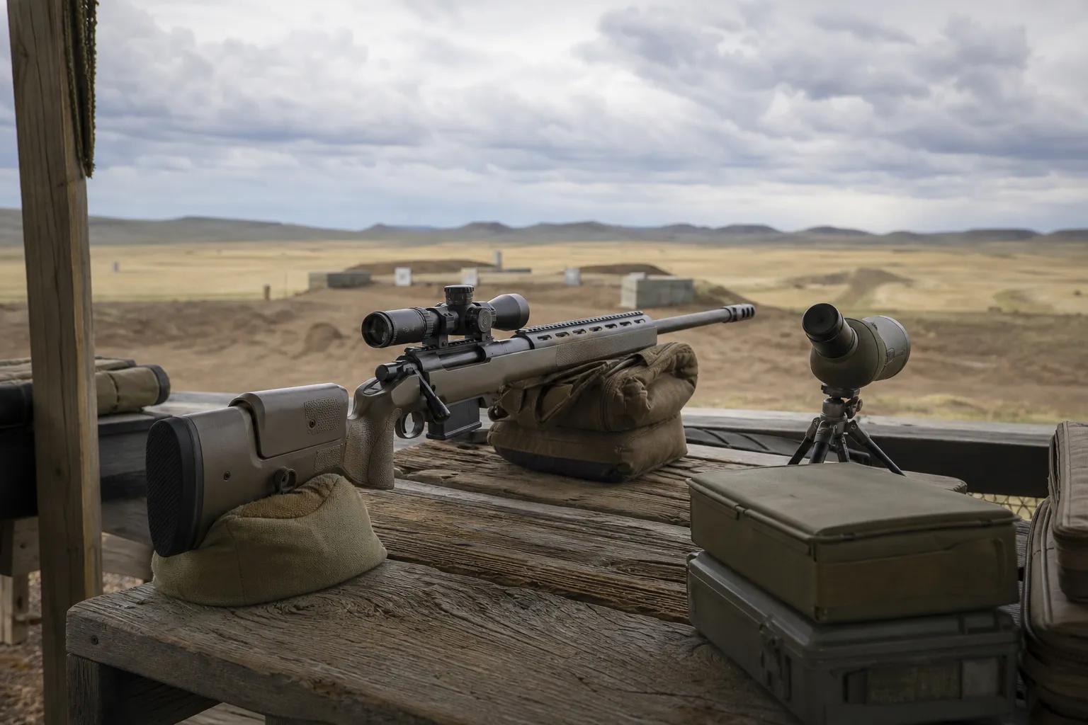A precision bolt action rifle rests on a shooting bench beside a spotting scope at an outdoor range.