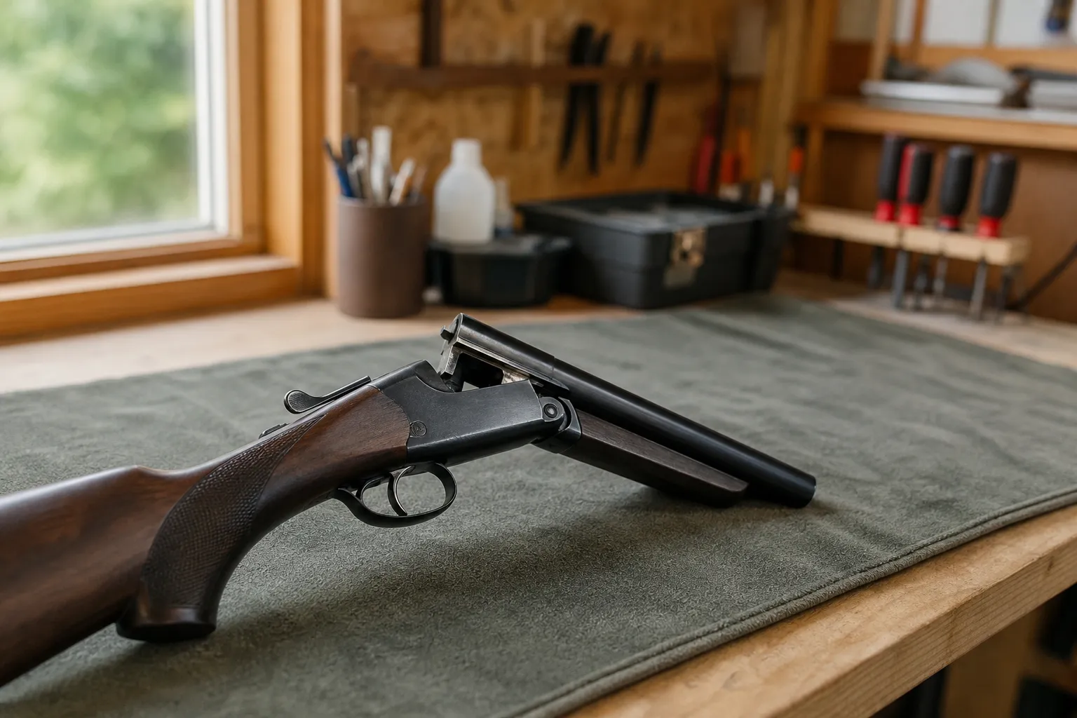 An unloaded firearm rests open on a mat while cleaning supplies sit nearby, showing a safe starting point before rust removal.