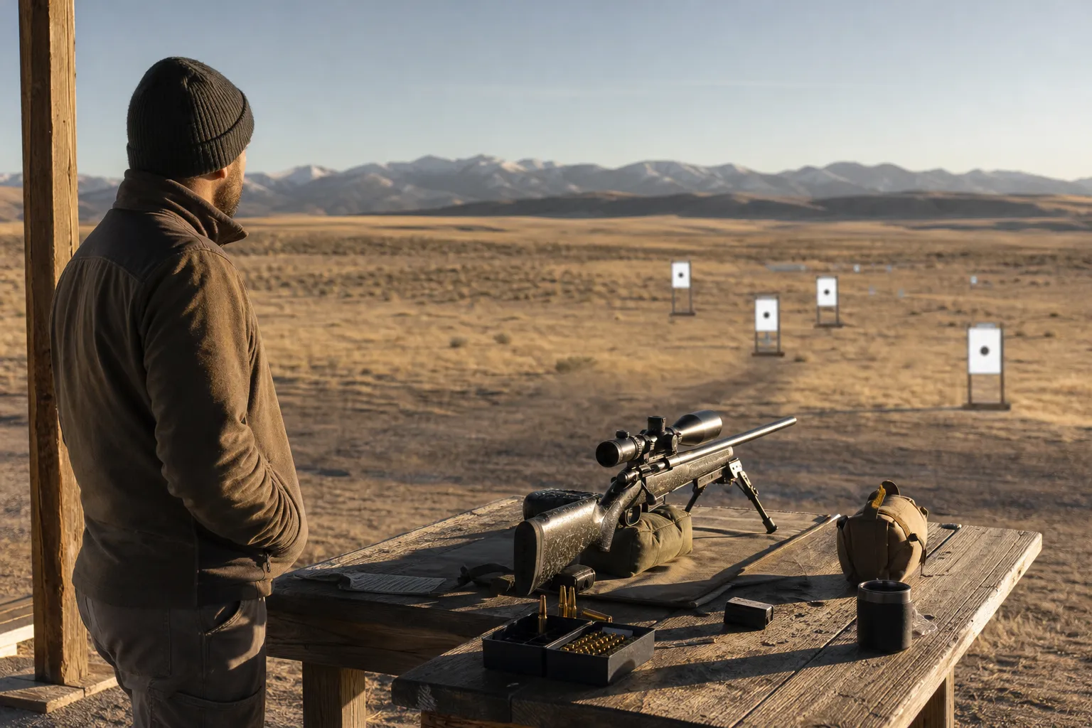 An adult shooter stands beside a safe rifle bench at an outdoor range with a bolt action rifle resting on the table and distant targets downrange.