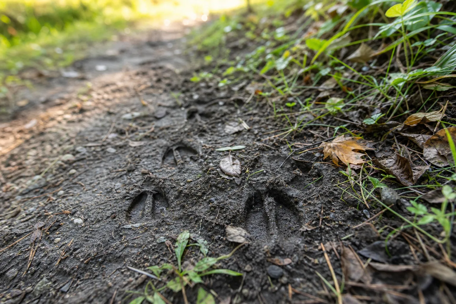 Fresh deer hoofprints in damp forest soil beside a woodland trail.