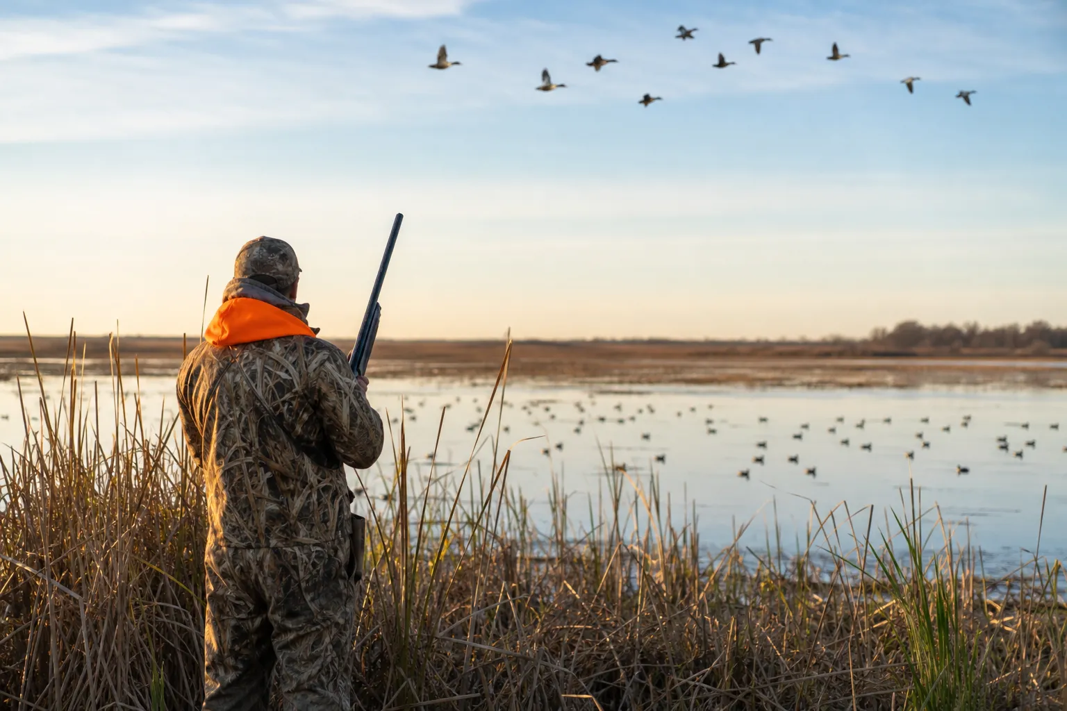A hunter stands safely in marsh reeds near water with ducks flying in the distance.