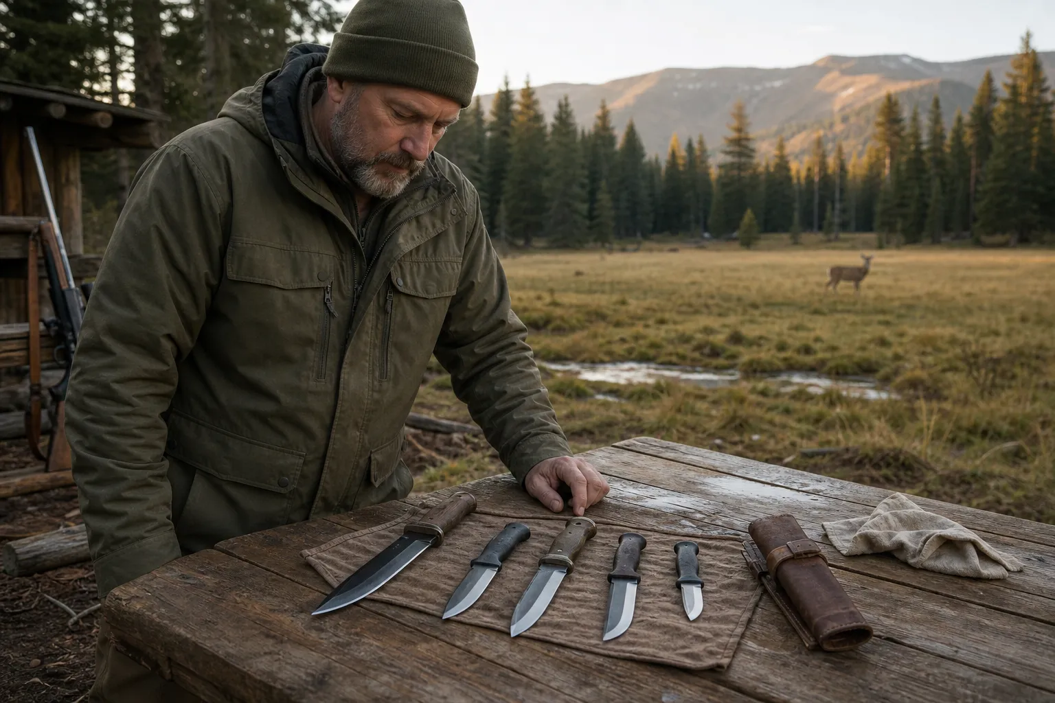 A hunter’s camping table with several hunting knives and a sheath laid out in soft natural light at a forest edge.